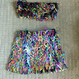 Forever21 multicolor fringe sequin set, crop top and skirt